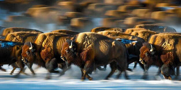 A synchronized movement of a large bison herd Concept Animal Behavior Bison Herd Synchronized Movement Wildlife Photography