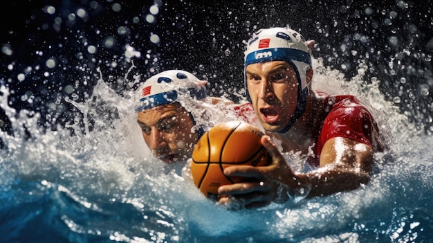 Foto giocatori di waterpolo di lavoro di squadra sincronizzati che eseguono un passaggio preciso