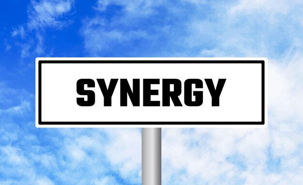 Synergy road sign on blue sky background