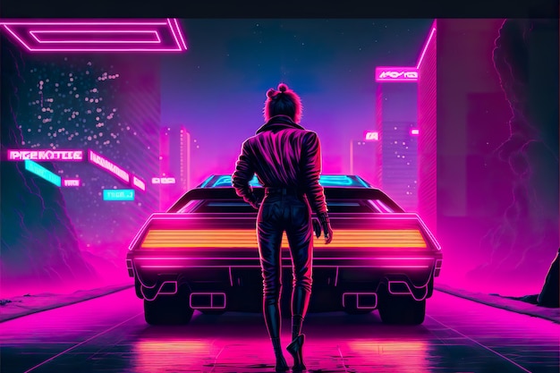 Synth wave auto roze illustratie