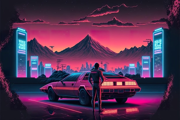 Synth wave auto roze illustratie