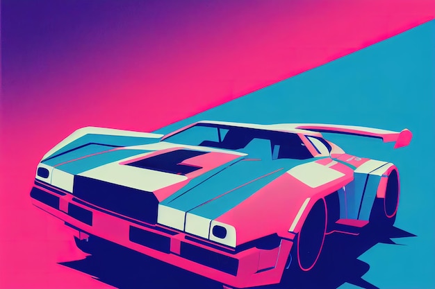 Synth wave car in 80s style pink blue colors retrowave car