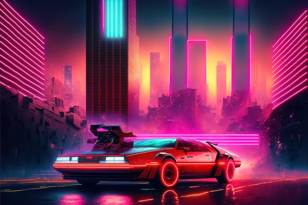 Synth wave car in city