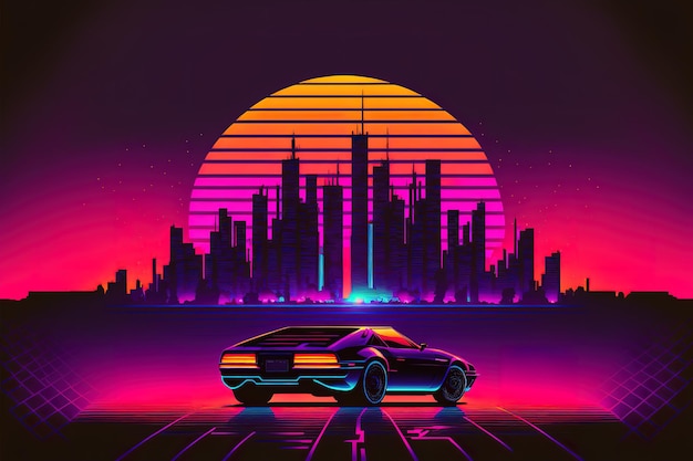 Synth wave car in city