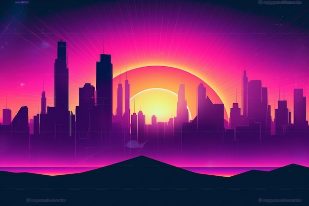 Synth wave retro city landscape background at sunset generative ai