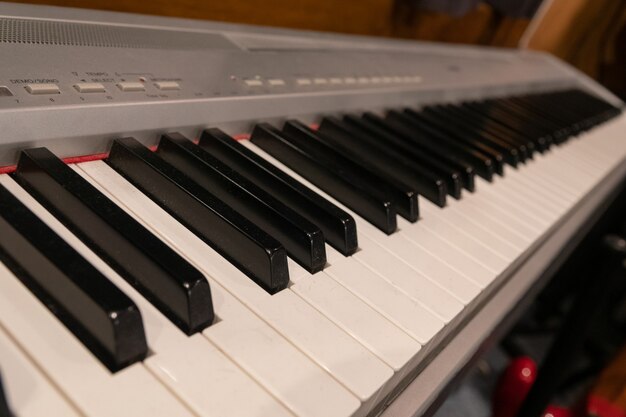 Synthesizer keys close up in studio