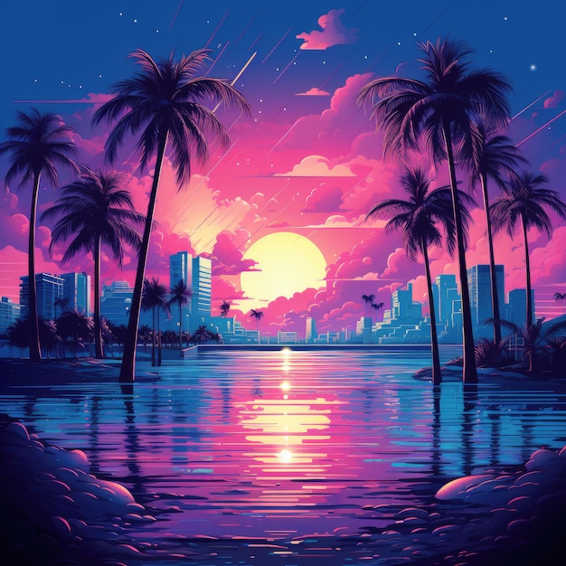 Synthetic waves a blue miami cityscape immersed in synthwave vibes