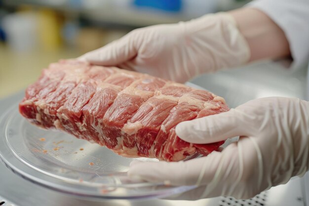 Synthetically grown artificial meat closeup in the hands of a scientist or laboratory worker