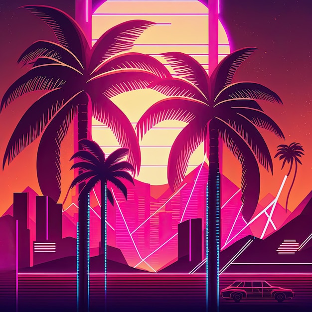 Synthpop palm trees illustration Playlist cover or music album cover