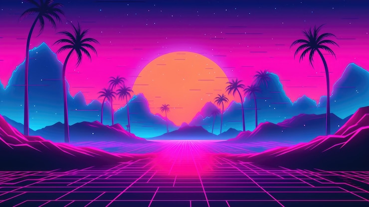 Foto synthwave 80s 90s neon achtergrond blue purple retro cyberpunk illustratie instagram sociaal formaat