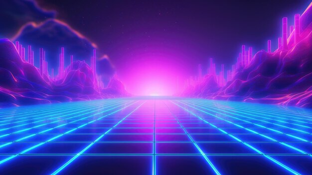 Synthwave 80s 90s neon background blue purple retro cyberpunk illustration instagram social format