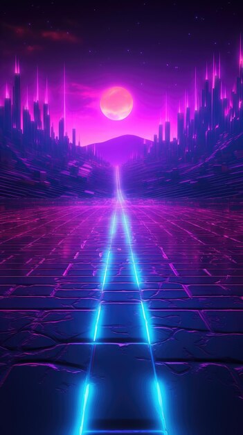 Synthwave 80s 90s neon background blue purple retro cyberpunk illustration instagram social format