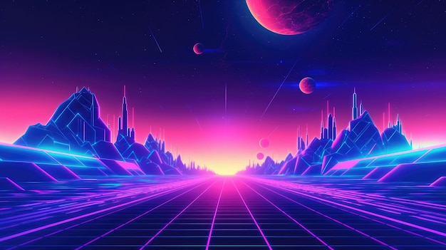 Premium AI Image | Synthwave 80s 90s neon background Blue Purple Retro ...