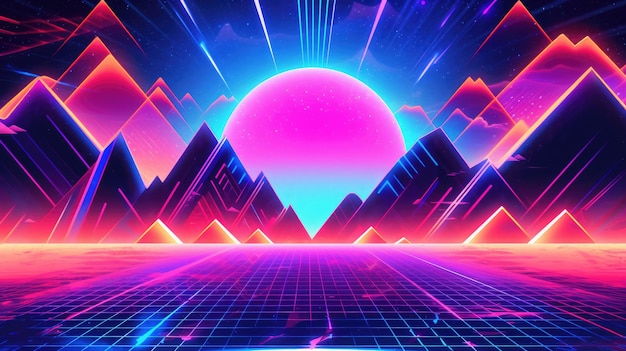 シンスウェーブ 80's 90's ネオン背景 青い紫 レトロ サイバーパンク イラスト インスタグラム ソーシャル フォーマット