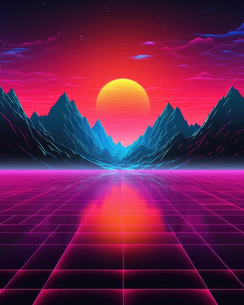 Synthwave 80s 90s neon background rainbow orange yellow pink retro cyberpunk illustration backdrop