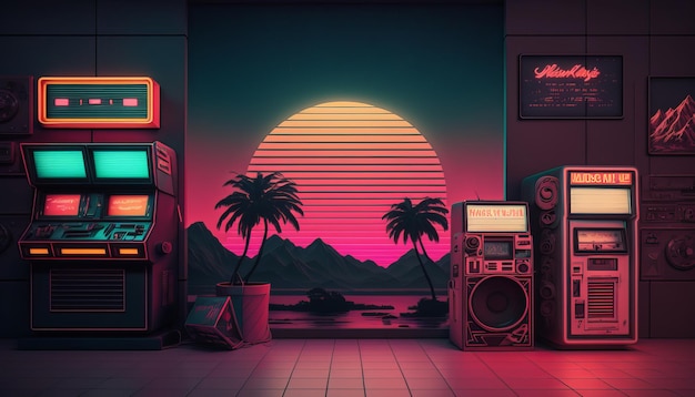 Synthwave 80s retro design Detalied retro background style 80s AI