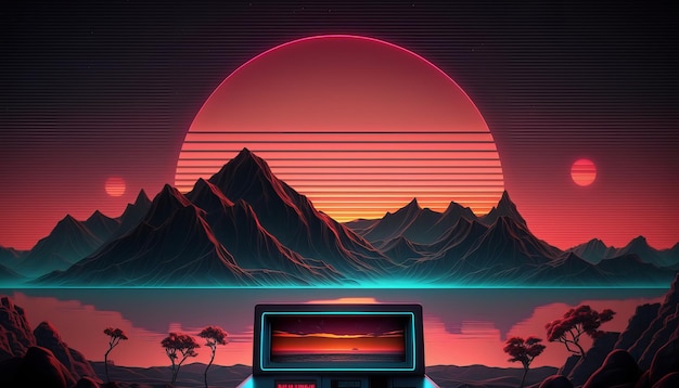 Synthwave 80s retro design Detalied retro background style 80s AI