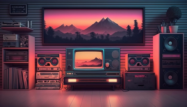 Foto synthwave design retrò anni '80 dettagliato sfondo stile retrò anni '80 ai