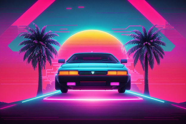 사진 synthwave 80s 레트로 디자인, 세부적인 레트로 배경 스타일