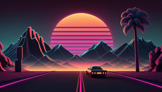 Synthwave 80s retro design Gedetailleerde retro achtergrondstijl 80s AI