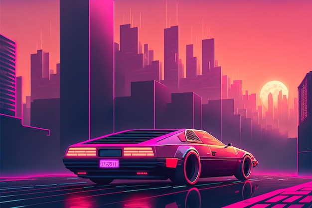 Synthwave-auto in de stad