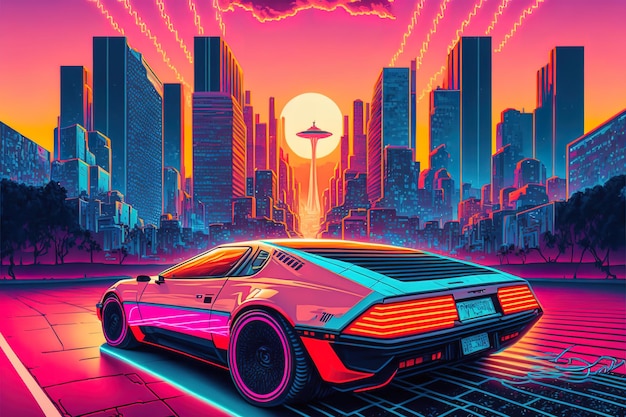 Synthwave car in city with sun