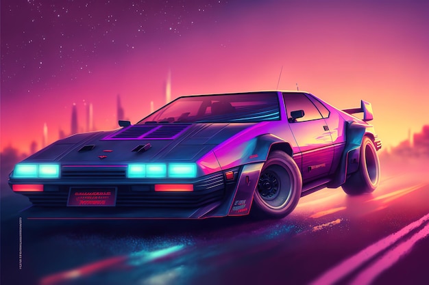 Synthwave car illustration 1980 style