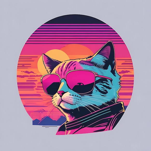 Synthwave cat in sunglasses against retro sunset Stylish vector tshirt design with minimalistic