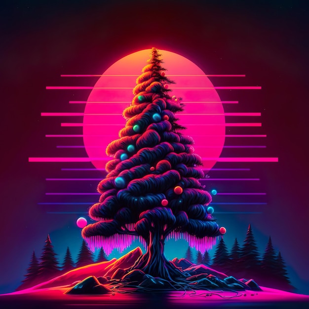 Synthwave cyberpunk christmas tree decoration