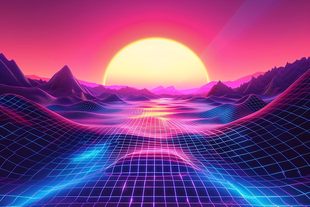 Synthwave gloedverlichting met zonsondergang over raster zee futuristische achtergrond ai gegenereerd