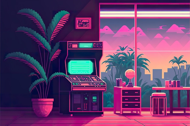 Synthwave gokautomaat videogamekamer