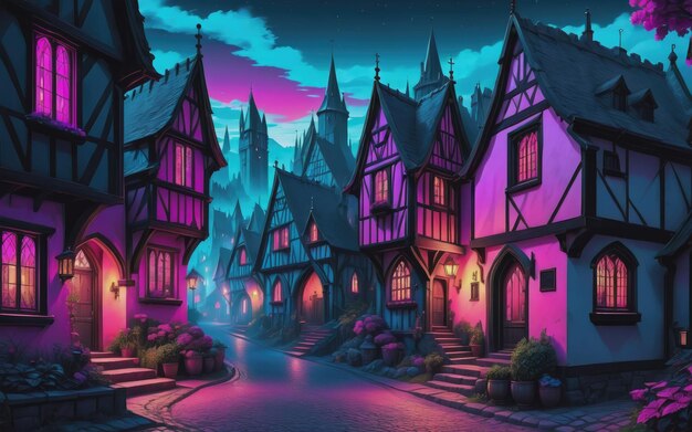 Synthwave gothic village at medieval times Beautiful illustration picture