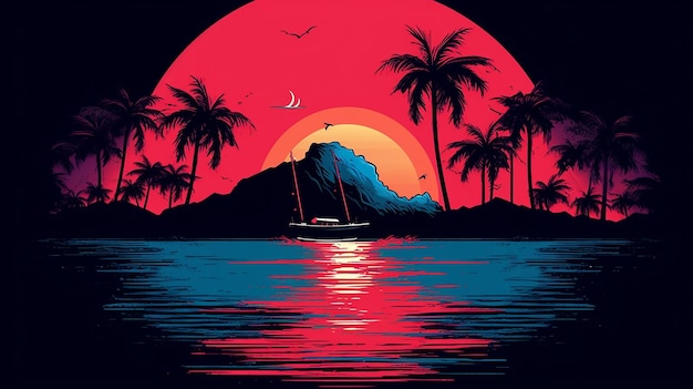 Synthwave graphic beaches yachts and surfing Generative AI