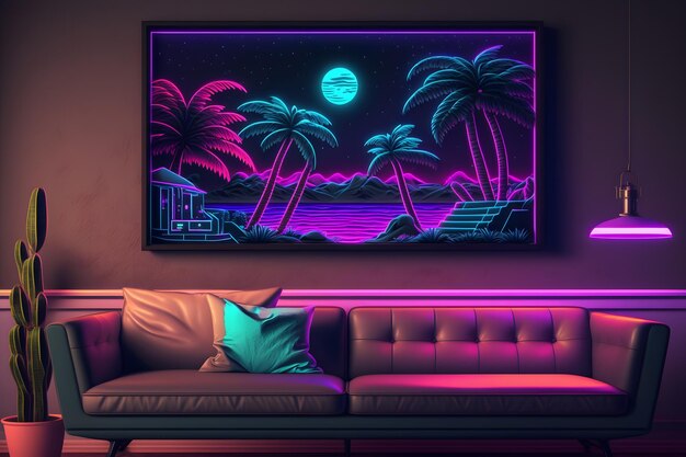 照片synthwave氖景观与棕榈树和日落复古风格背景生成神经网络的人工智能