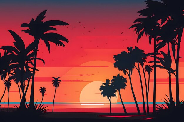 Synthwave neon landscape with palm trees and sunset retro style background neural network ai generated