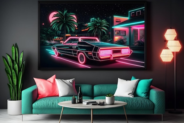 Paesaggio al neon synthwave con palme e tramonto sfondo in stile retrò rete neurale ai generata