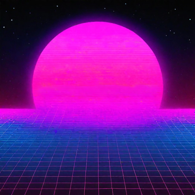 Foto synthwave neon retrowave vaporwave outrun landschap achtergrond