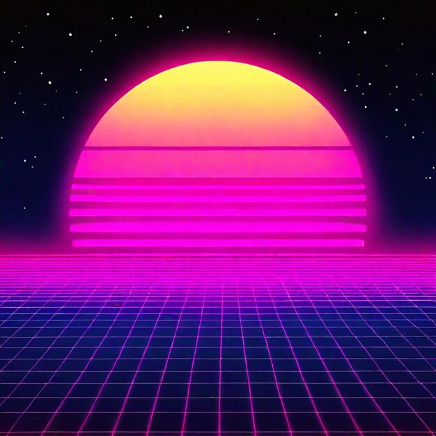 Foto synthwave neon retrowave vaporwave outrun landschap achtergrond