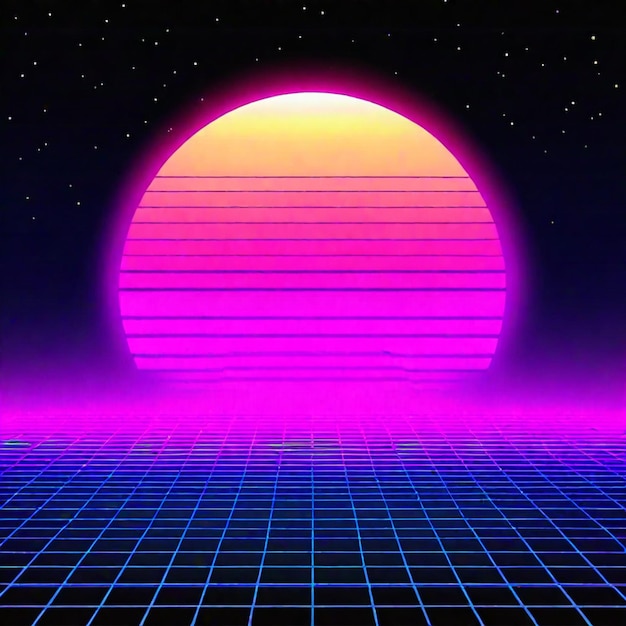 Foto synthwave neon retrowave vaporwave outrun landschap achtergrond