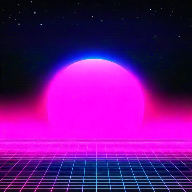 Foto synthwave neon retrowave vaporwave outrun landschap achtergrond