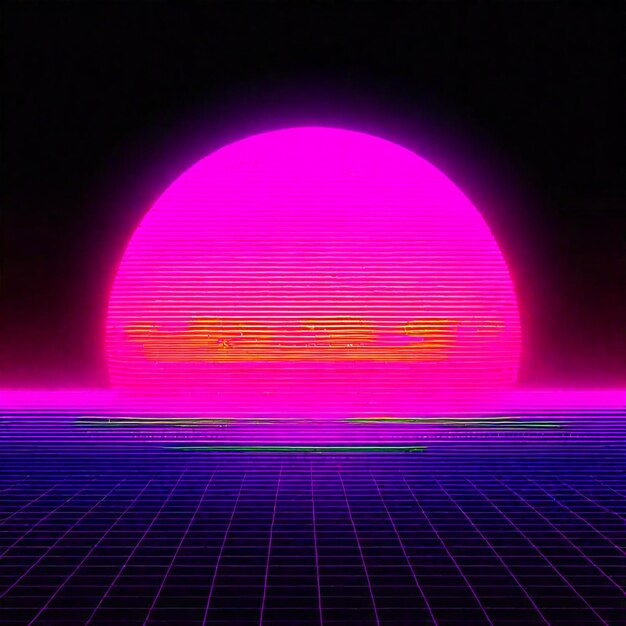 Foto synthwave neon retrowave vaporwave outrun landschap achtergrond