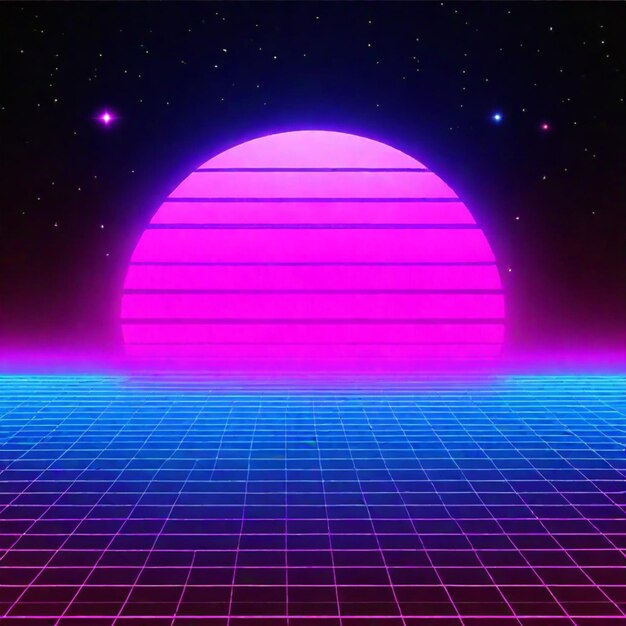 Foto synthwave neon retrowave vaporwave outrun landschap achtergrond