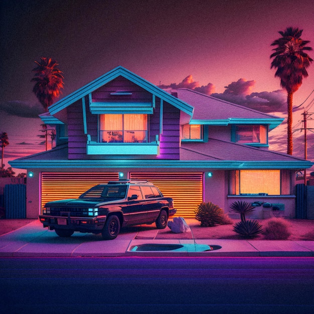 Synthwave Real Estate Retro Miami house illustartion granular texture