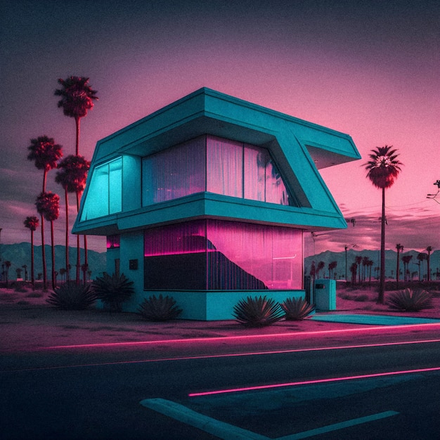 Synthwave Real Estate Retro Miami 집 illustartion 세분화된 텍스처