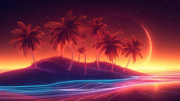 Photo synthwave rendition of a tropical island with pixelated palm trees digital waves