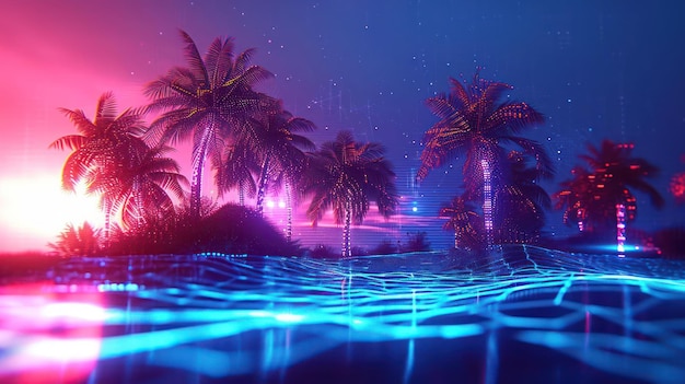 Synthwave rendition of a tropical island with pixelated palm trees digital waves