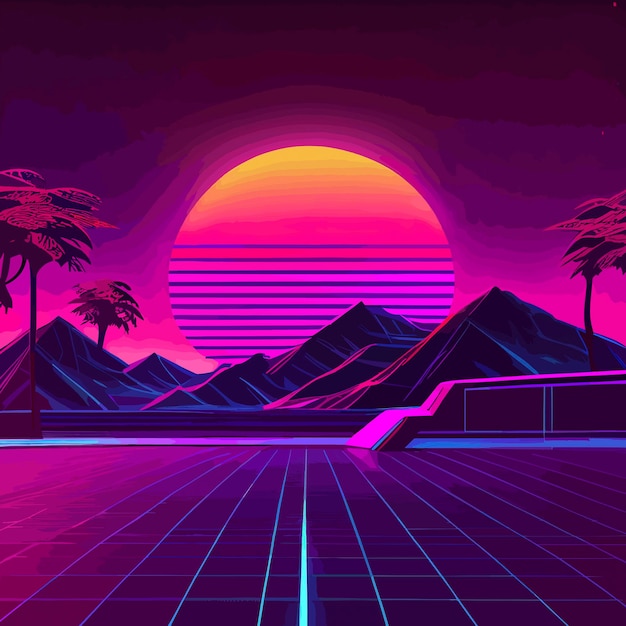 Synthwave ретро-дизайн горы и иллюстрация солнца