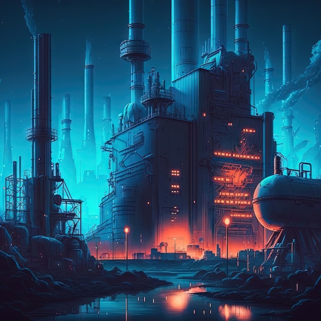 Synthwave retro landscape in 80s style with old factory in industrial city district and neon lights