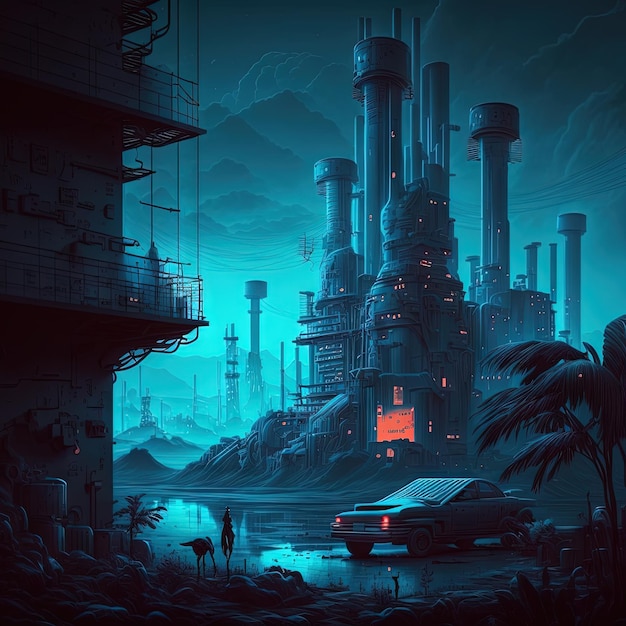 Synthwave retro landscape in 80s style with old factory in industrial city district and neon lights