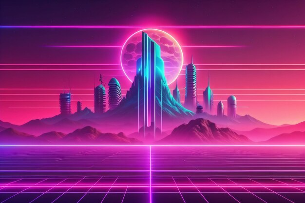 사진 synthwave retro 배경: 생성 ai와 함께 레트로 신스 웨이브 사이버 크 배경